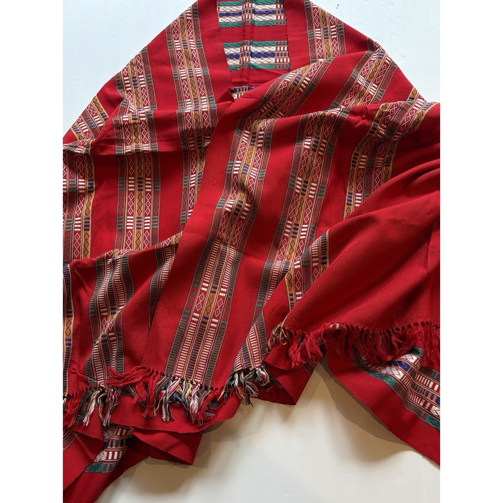 Vintage Manipur Handwoven Cotton Shawl Red Tribal Stripe Fringe India Wrap Throw - Picture 9 of 10